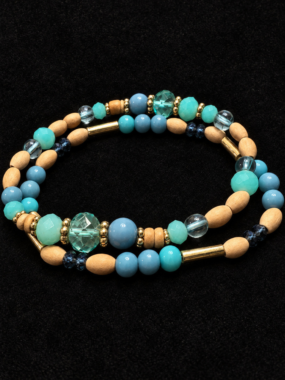 ⚜️ Beaded Wrap Bracelet | Boho Stack | Teal Blue Wood Gold-Tone 💗